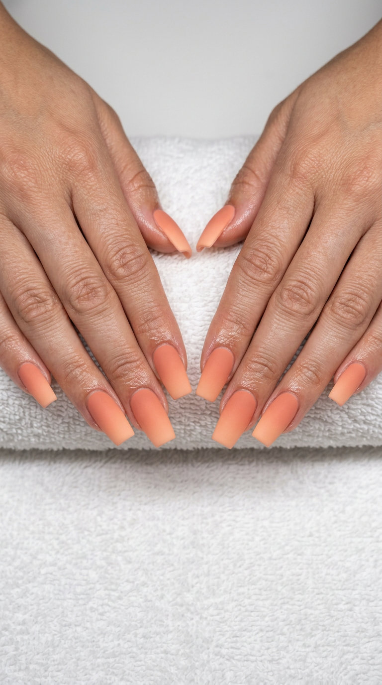 Matte peach gradient square nails for summer nails square 2026, perfect for formal events and date nights.