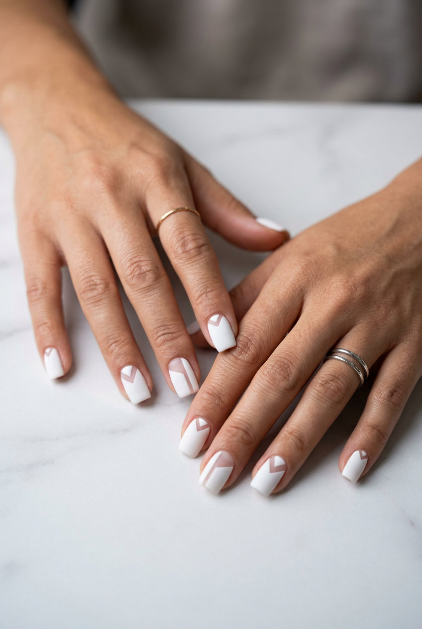 Matte White Geometric Negative Space Square Nails 2026 Matte White Geometric Negative Space Square nails for summer 2026: white shapes on clear base.