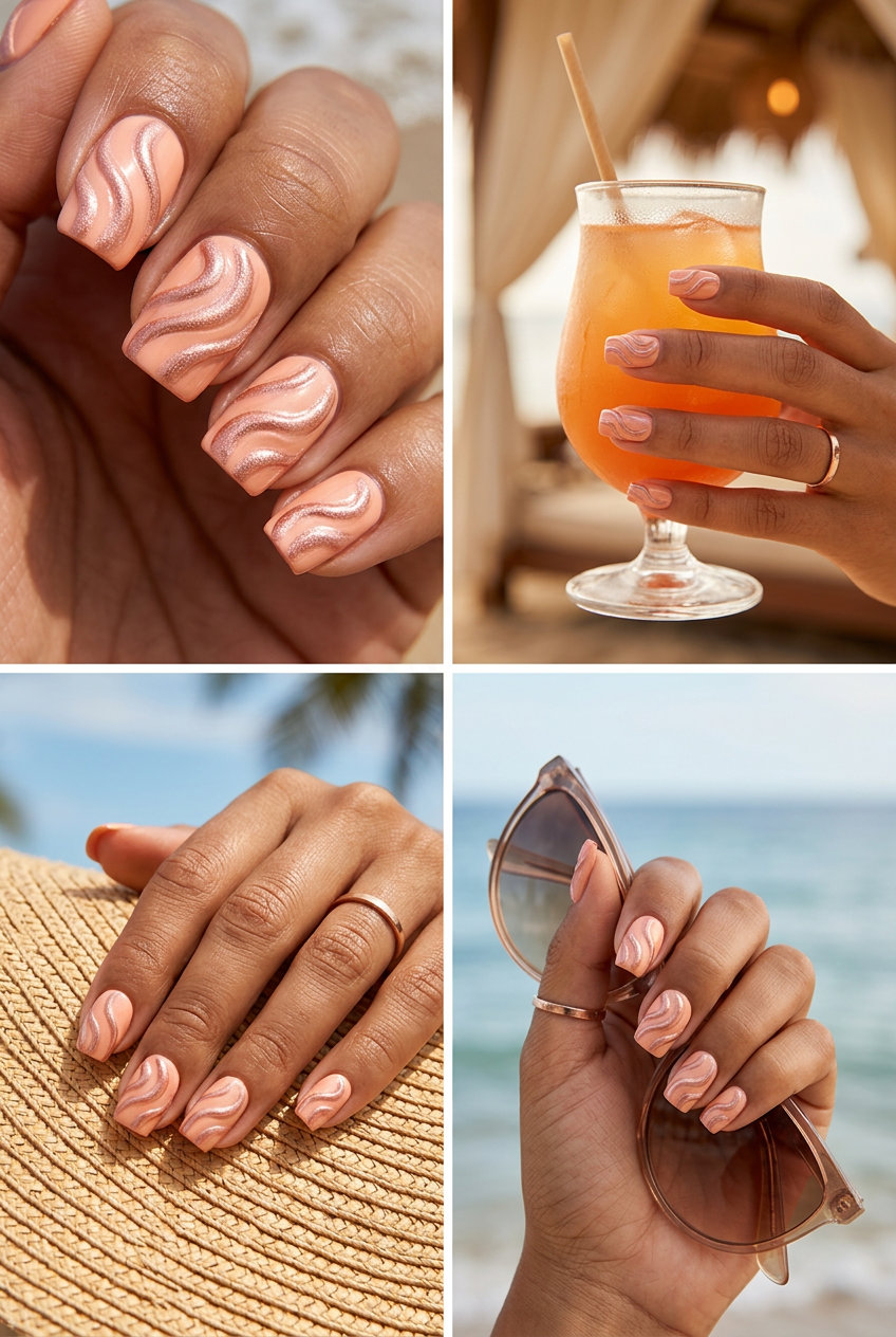 Summer Nails Square Medium 2026: Peach Chrome Swirl Glam Textured peach chrome swirl square nails for summer 2026: futuristic glam for parties.