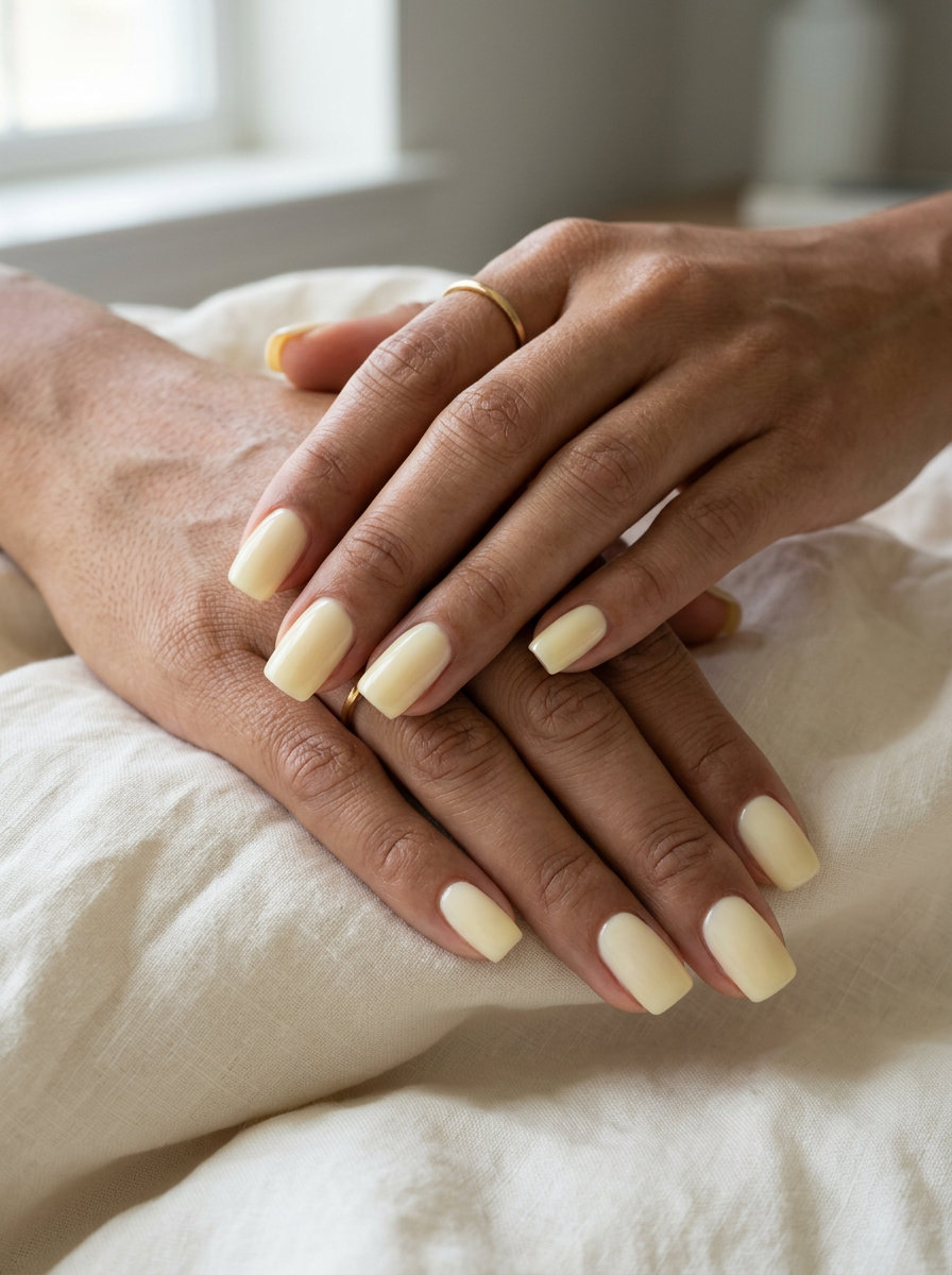 Milky Yellow Square Nails 2026: Casual Chic Creamy butter yellow square nails 2026 for casual weekend wear. Milky, opaque gel polish.