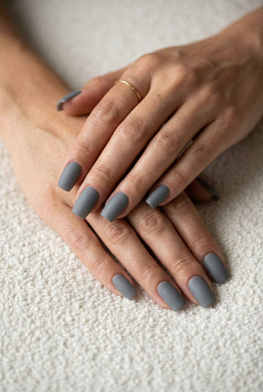 Matte Grey Square Nails 2026: Sophisticated Style Light grey matte square nails 2026 for sophisticated daily wear and work. Velvet matte finish.