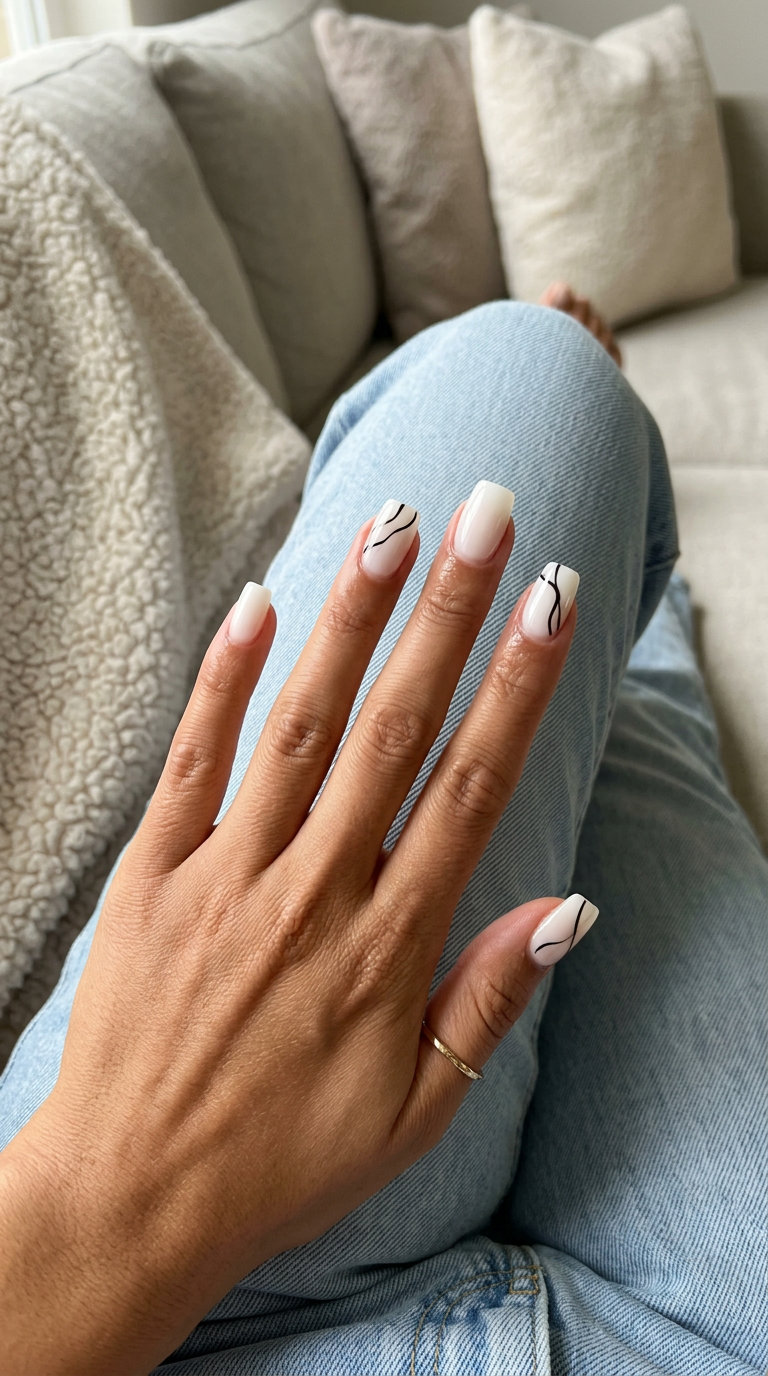 Black Line Art Square Nails 2026: Minimalist Chic Milky white square nails with black line art 2026 for daily wear and minimalist events.