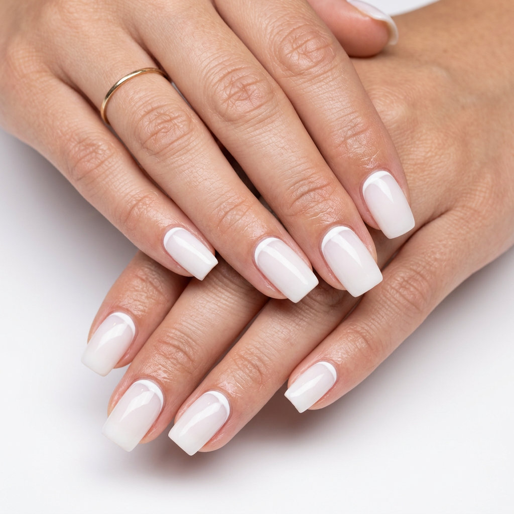 Milky White Reverse French Nails 2026: Chic Work Style Milky white reverse French square nails 2026: minimalist chic for work and weddings. Polished clean look.