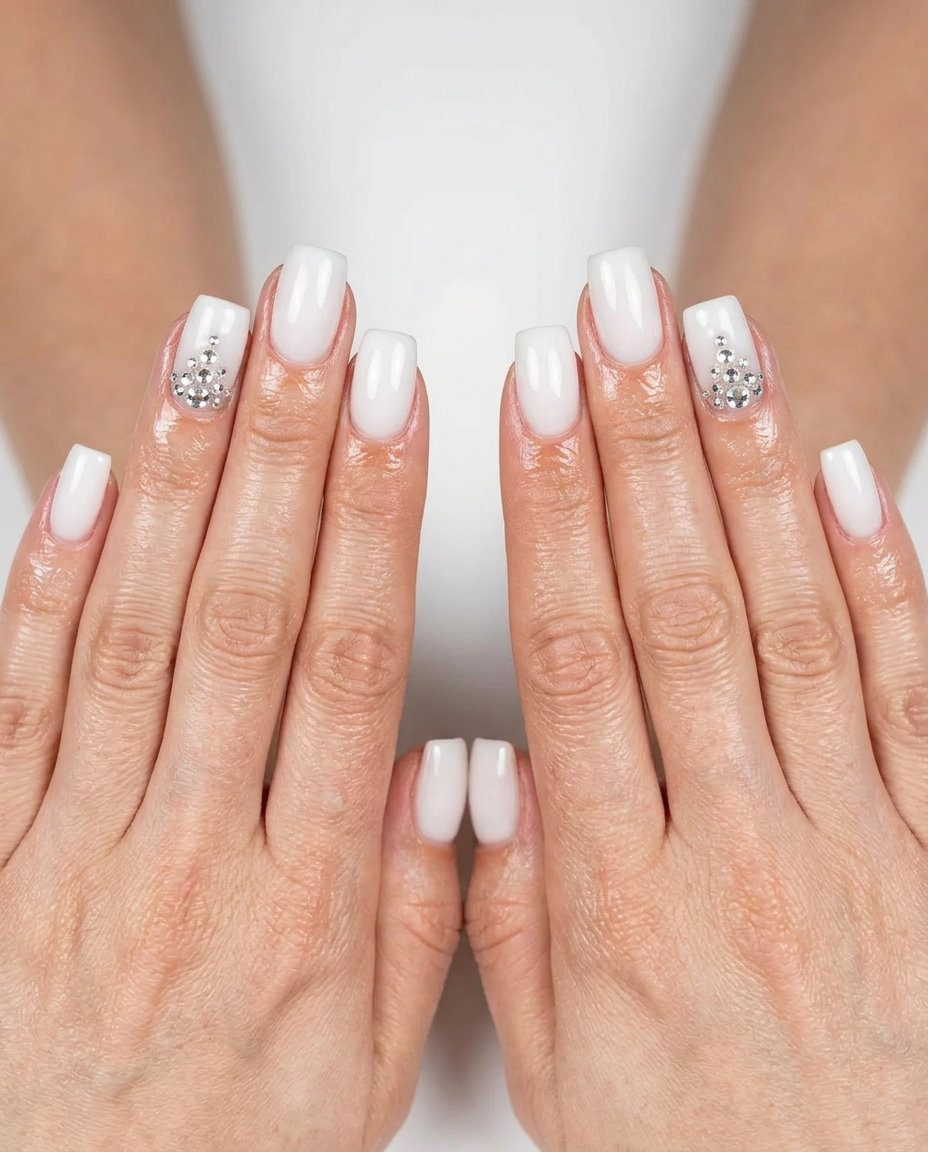 Rhinestone Accent Square Nails 2026: Glamorous Events Milky white square nails with rhinestone accents 2026 for weddings and parties. Glamorous.