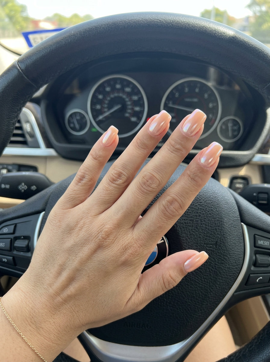 Peach Fuzz Glazed Donut Soft Square Nails 2026: Ethereal wedding guest nails with a pearlescent sheen.