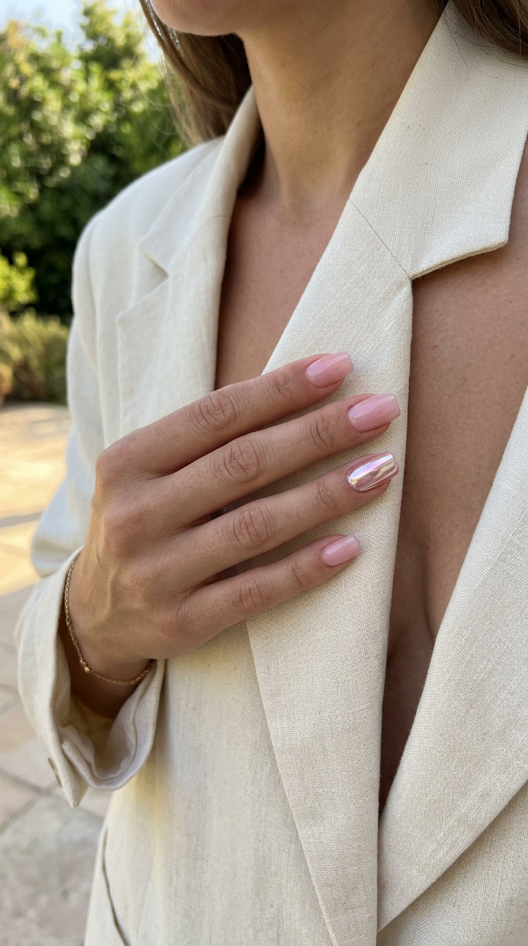 Pink Chrome Accent Square Nails 2026: Chic Evening Sheer pink square nails with iridescent chrome accent 2026 for parties and date nights.