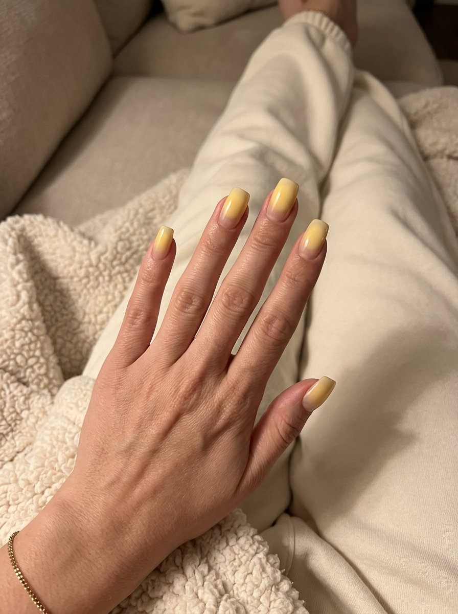 Butter Yellow Aura Square Nails 2026: Festival Ready Butter yellow aura gradient square nails 2026 for festivals and summer events. Playful, radiant.