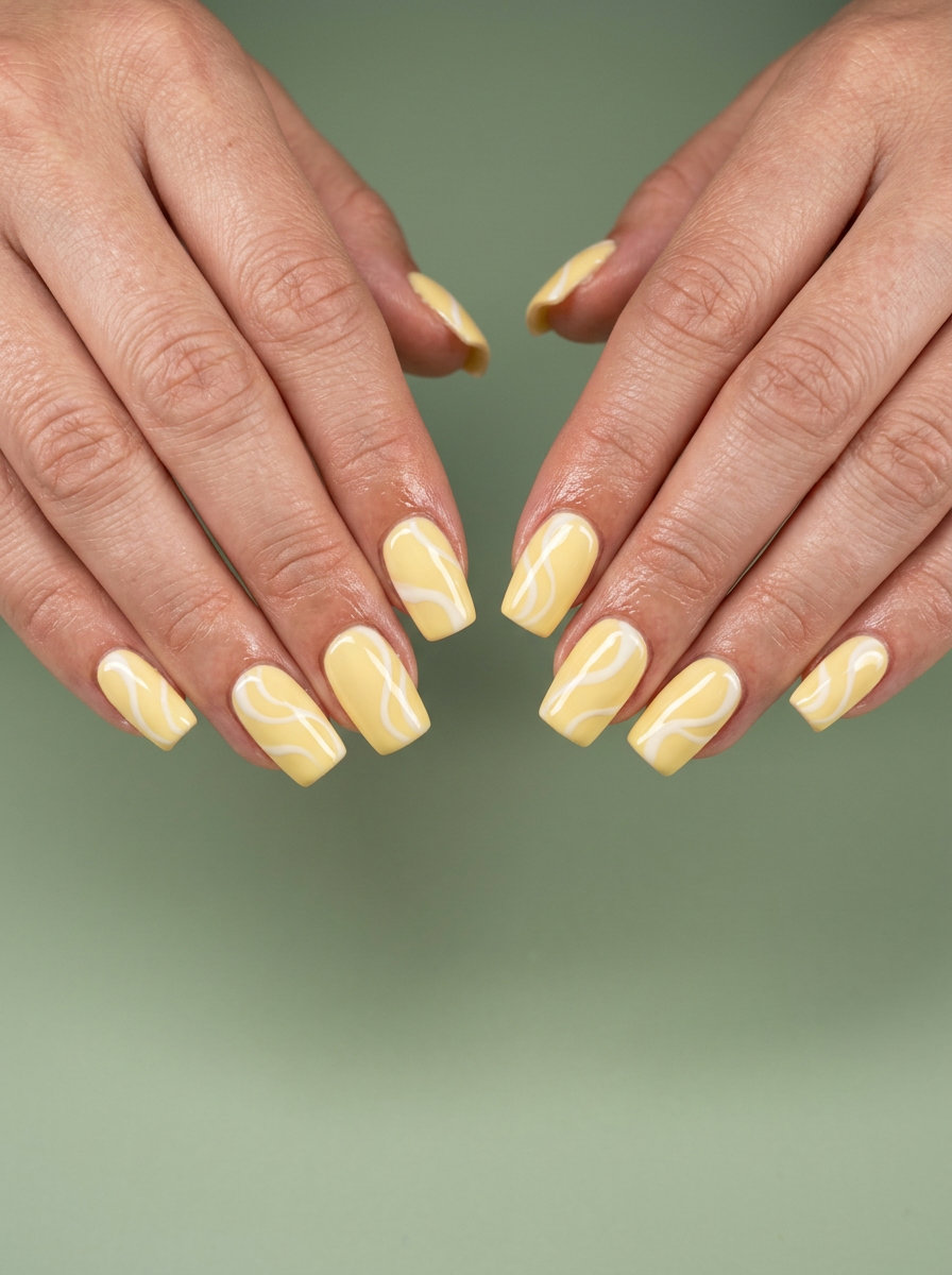 Yellow Swirl Square Nails 2026: Playful Art Butter yellow square nails with abstract swirls 2026 for casual weekends and festivals.