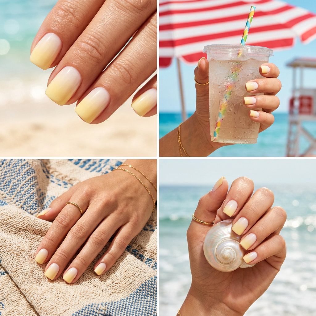 Milky Butter Ombre Square Nails 2026 Milky Butter Ombre Square nails for summer 2026: soft milky white to pale yellow gradient.