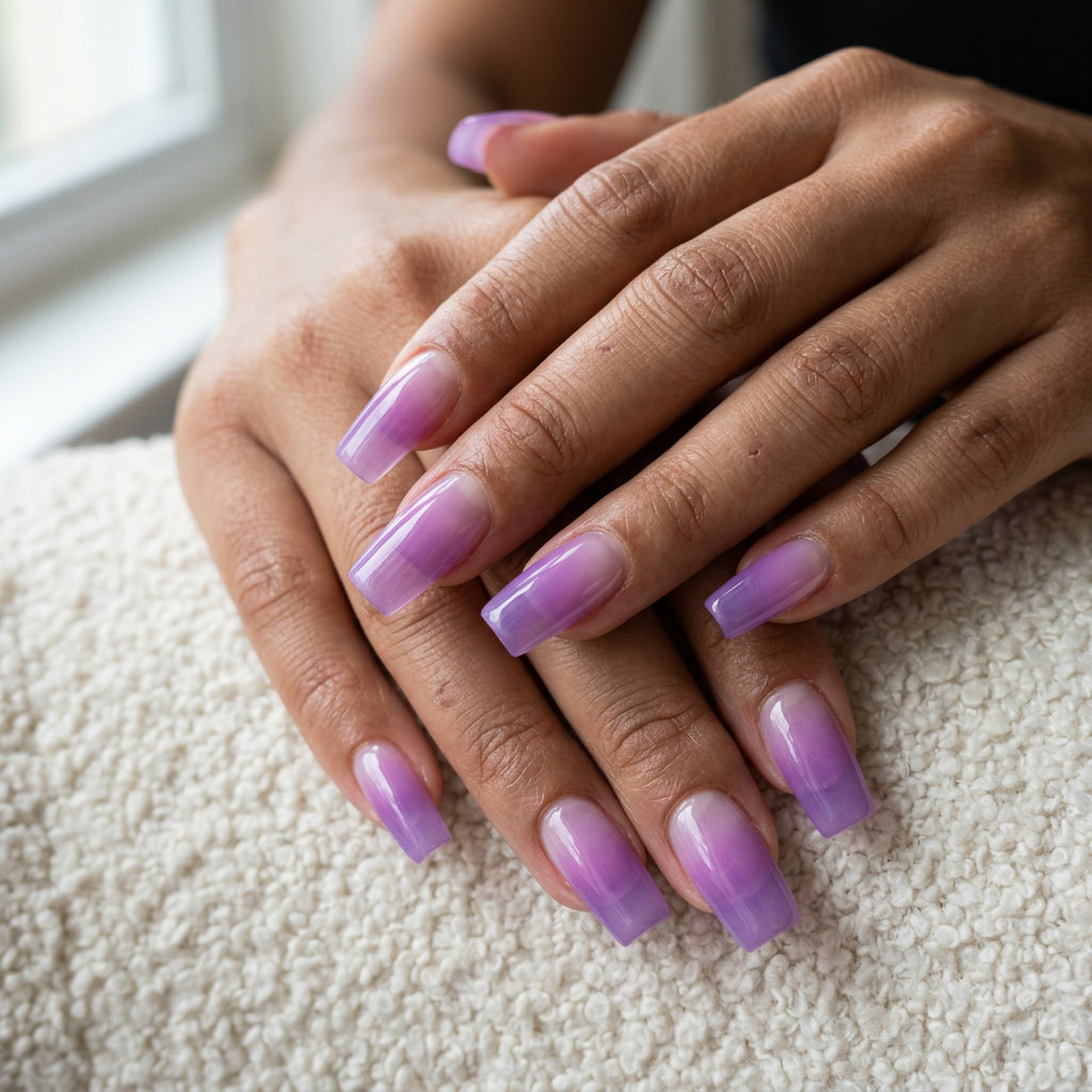 Sheer Lavender Jelly Gradient Square Nails 2026 Sheer Lavender Jelly Gradient Square nails for summer 2026: transparent lavender jelly finish.