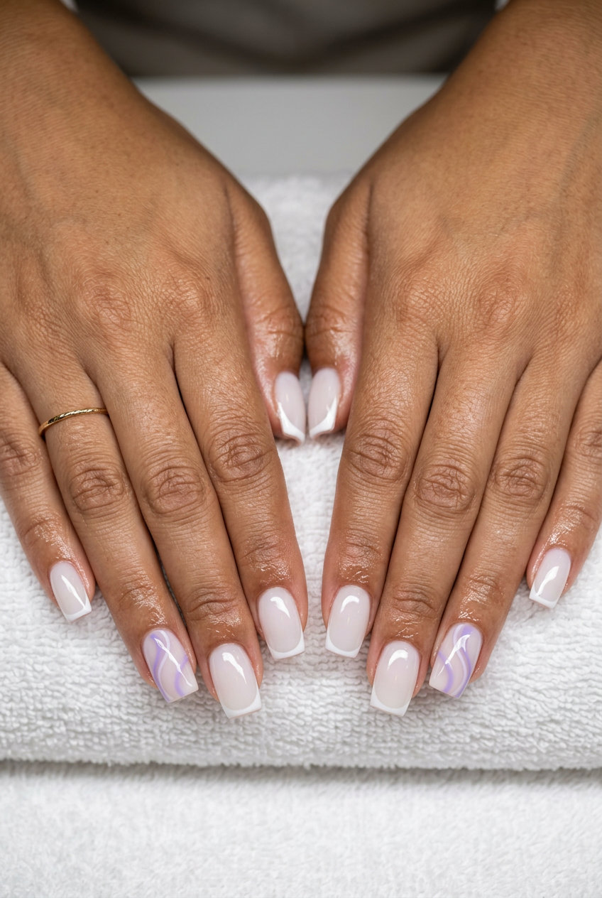 White Micro French Swirls Square Nails 2026 White micro French tip with lavender swirls on square nails for summer nails square 2026 formal outfits.