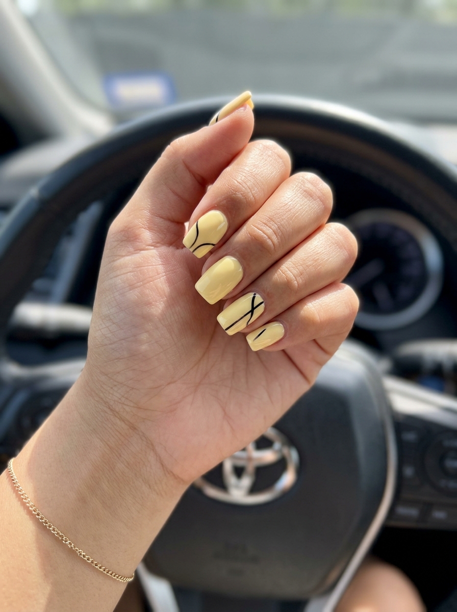 Chic Butter Yellow Nails 2026: Abstract Lines Butter yellow nails with matte black abstract lines for a chic, sophisticated summer look in 2026.