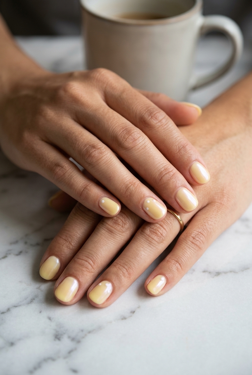 Sweet Butter Yellow Glazed Nails 2026: Dots Whimsical butter yellow glazed donut nails with white dots for a sweet, charming summer style in 2026.