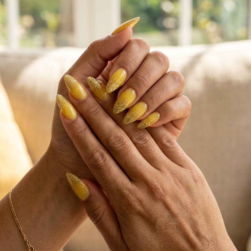 Glamorous Lemon Zest Glitter Nails 2026 Glamorous lemon zest yellow glitter gradient nails for a playful, radiant summer festival or party in 2026.