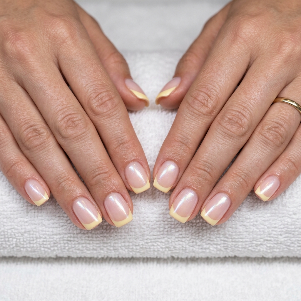 Polished Butter Yellow French Nails 2026 Clean butter yellow pearlescent French tip nails for a polished, understated office or brunch look in 2026.