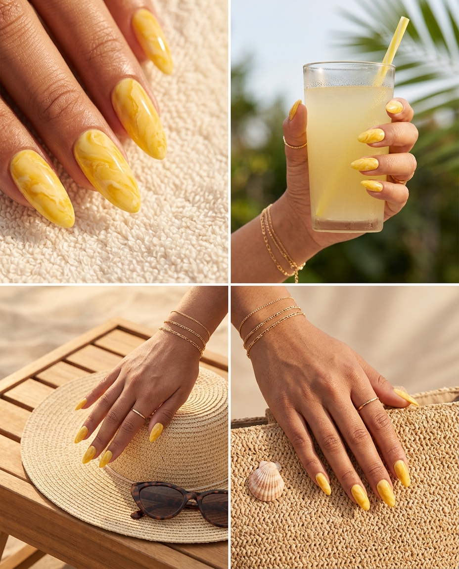 Butter Yellow Abstract Marble Nails 2026 Butter yellow abstract marble nails for special occasions 2026. Artistic romantic look.