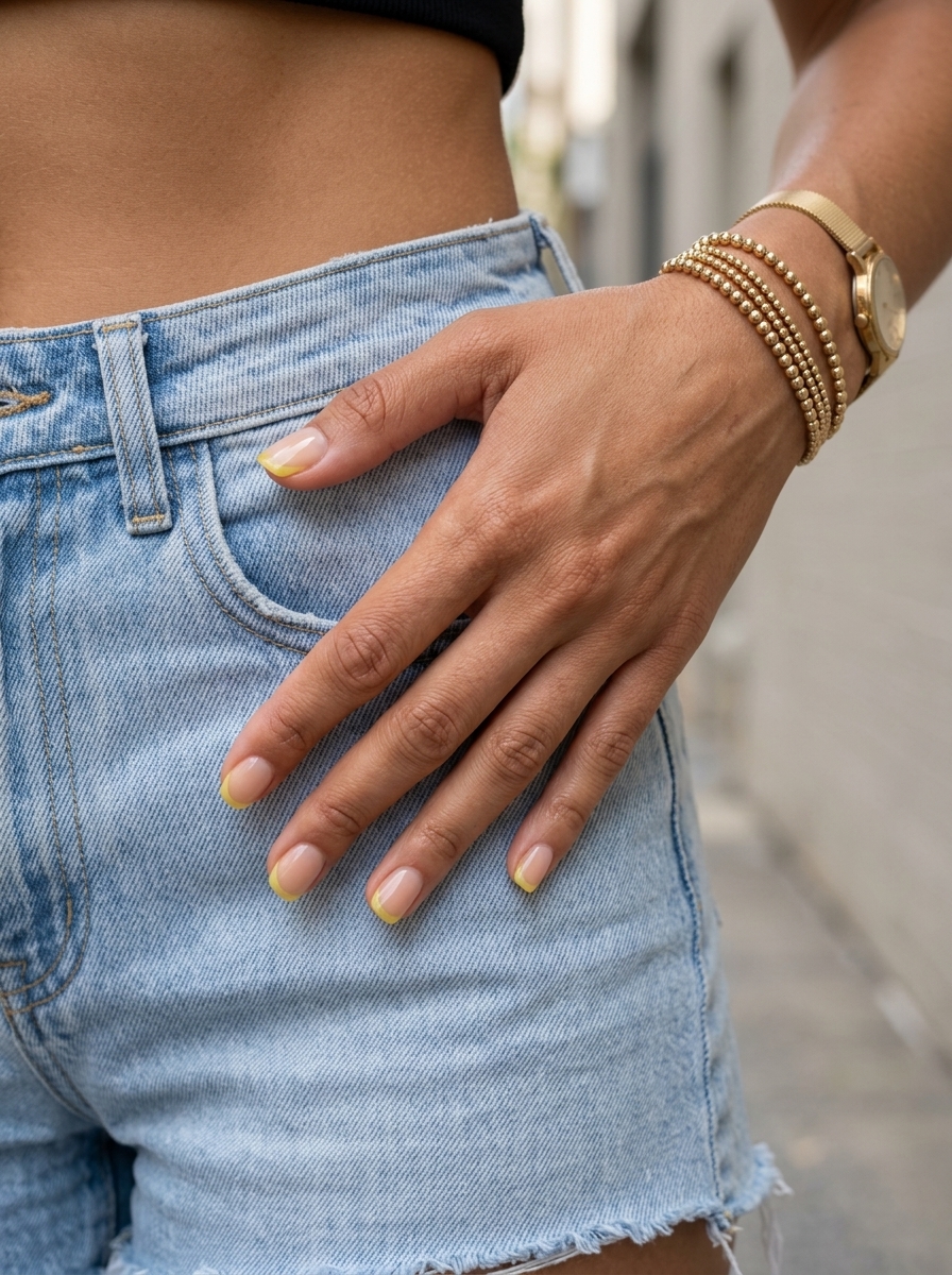 Lemon Zest Micro French Nails 2026 Lemon zest jelly micro French nails for summer vacation 2026. Sheer yellow tips on nude base.