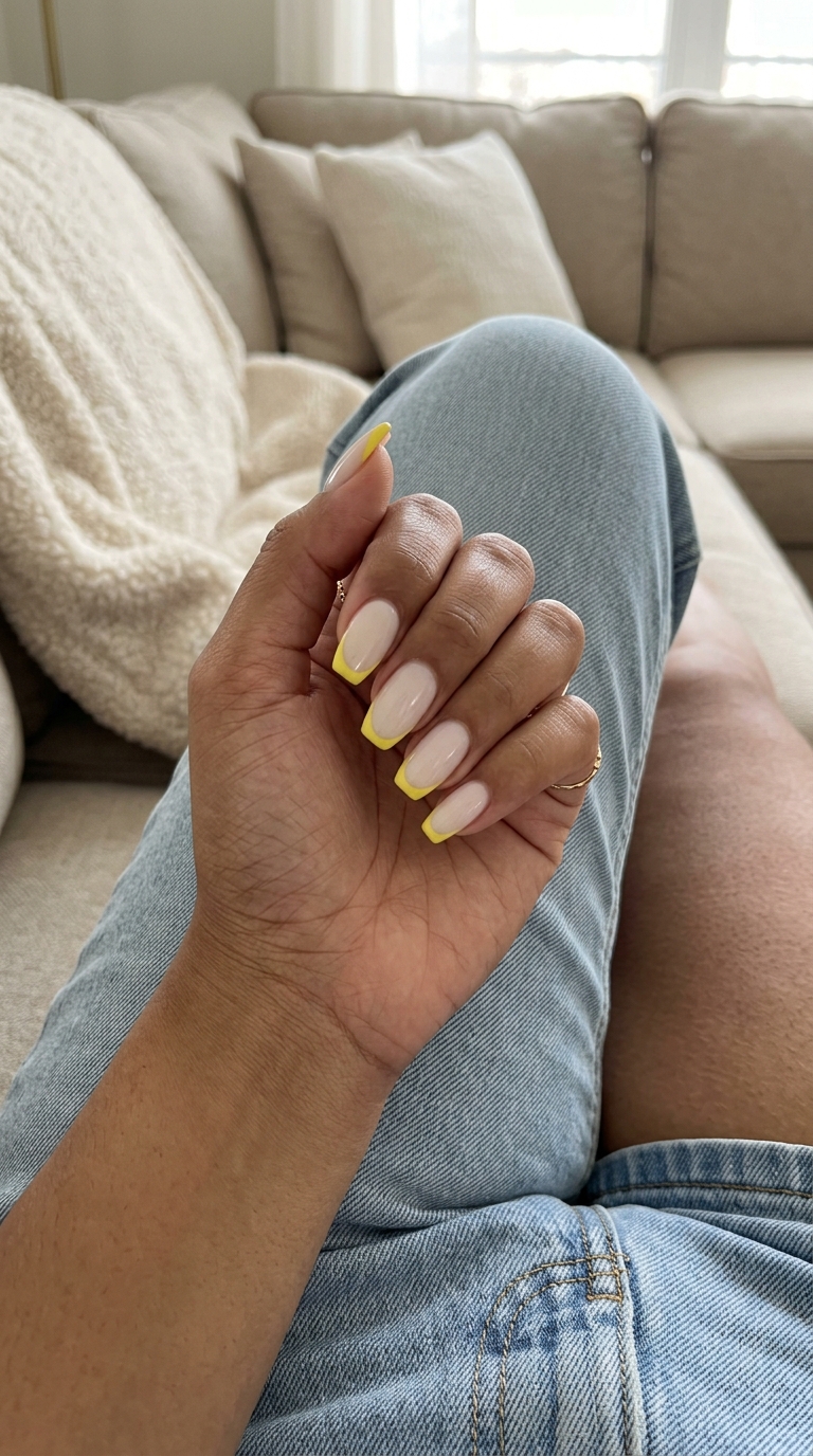 Lemon Zest Reverse French Nails 2026 Lemon zest reverse French nails for summer vacation 2026. Playful citrusy accent.