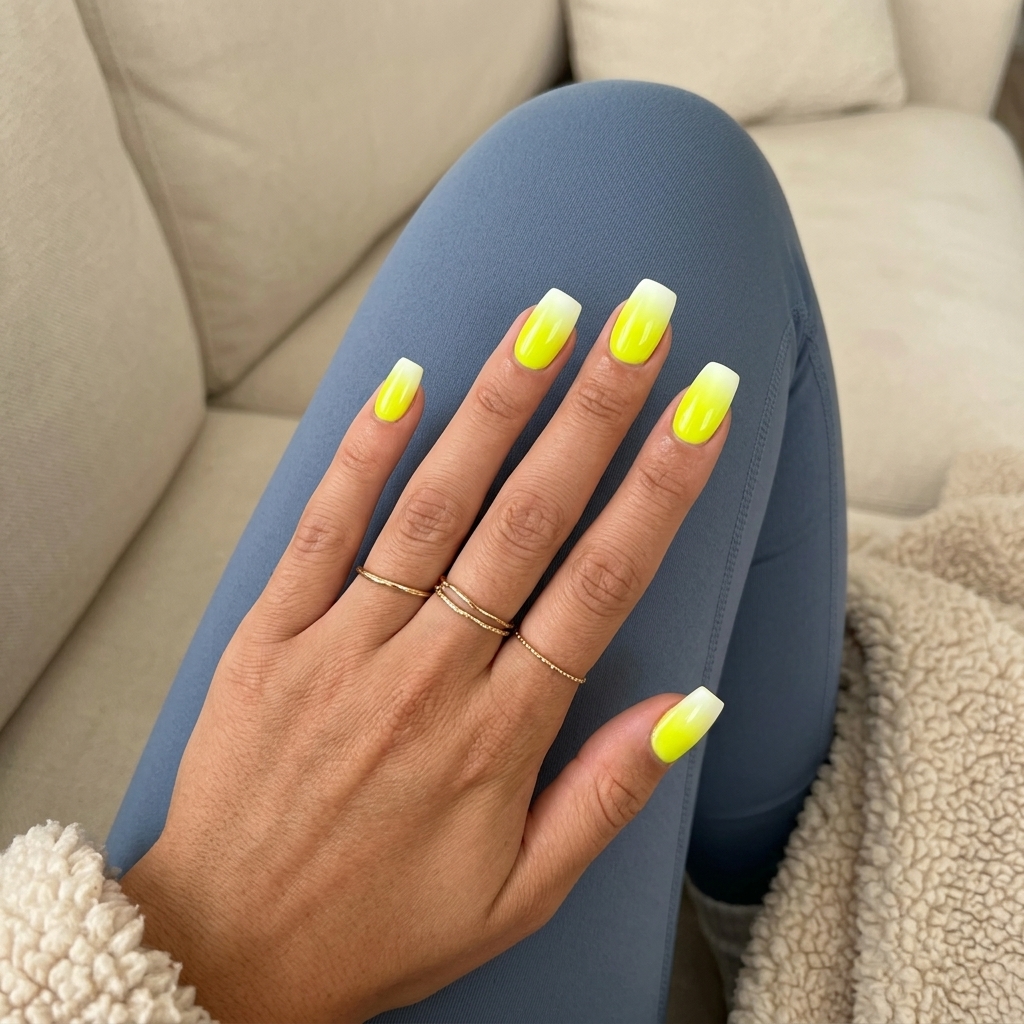 Neon Yellow Airbrush Gradient Nails 2026 Neon yellow airbrush gradient nails for summer festivals 2026. Energetic sporty look.