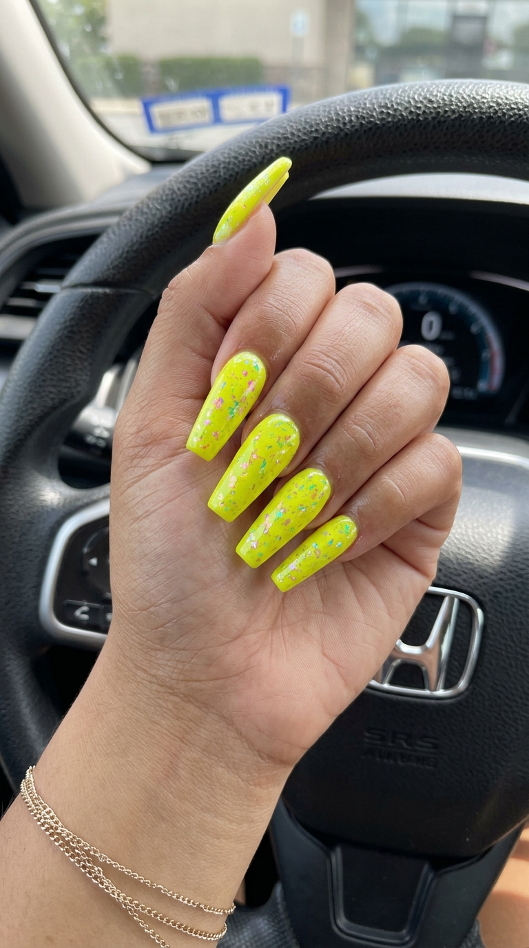 Neon Yellow Foil Flake Nails 2026 Neon yellow foil flake nails for summer festivals 2026. Edgy and bold futuristic look.