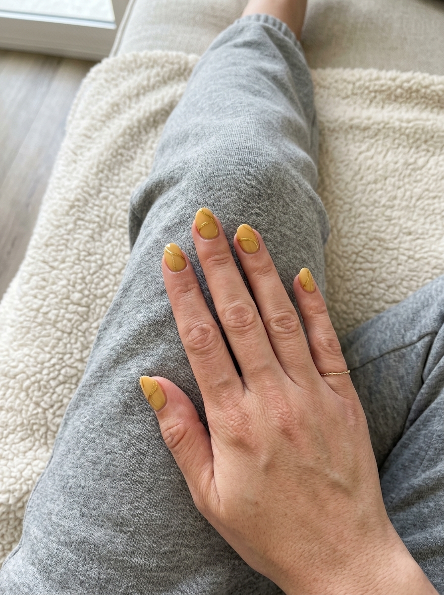 Shimmer Mustard Gold Line Nails 2026 Shimmer mustard gold line nails for date night 2026. Chic elegant design.
