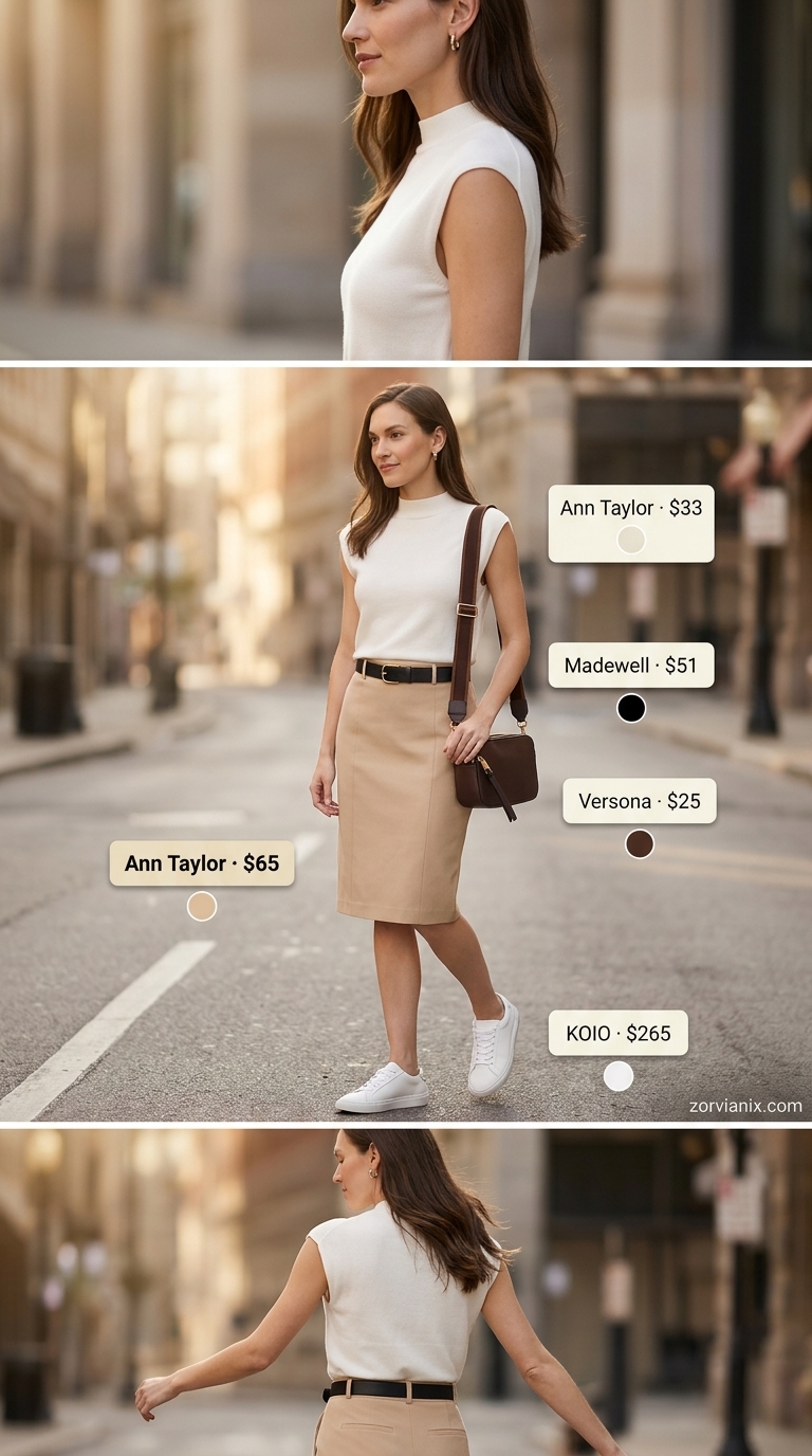 Summer pencil skirt outfits for women 2026: Beige pencil skirt with white top and sneakers for minimalist style.