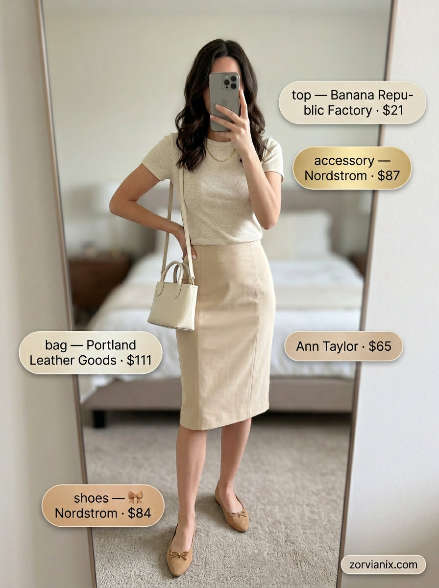 Modern minimalist summer pencil skirt outfits for women 2026: Beige skirt, cream top, nude flats for chic daytime events.
