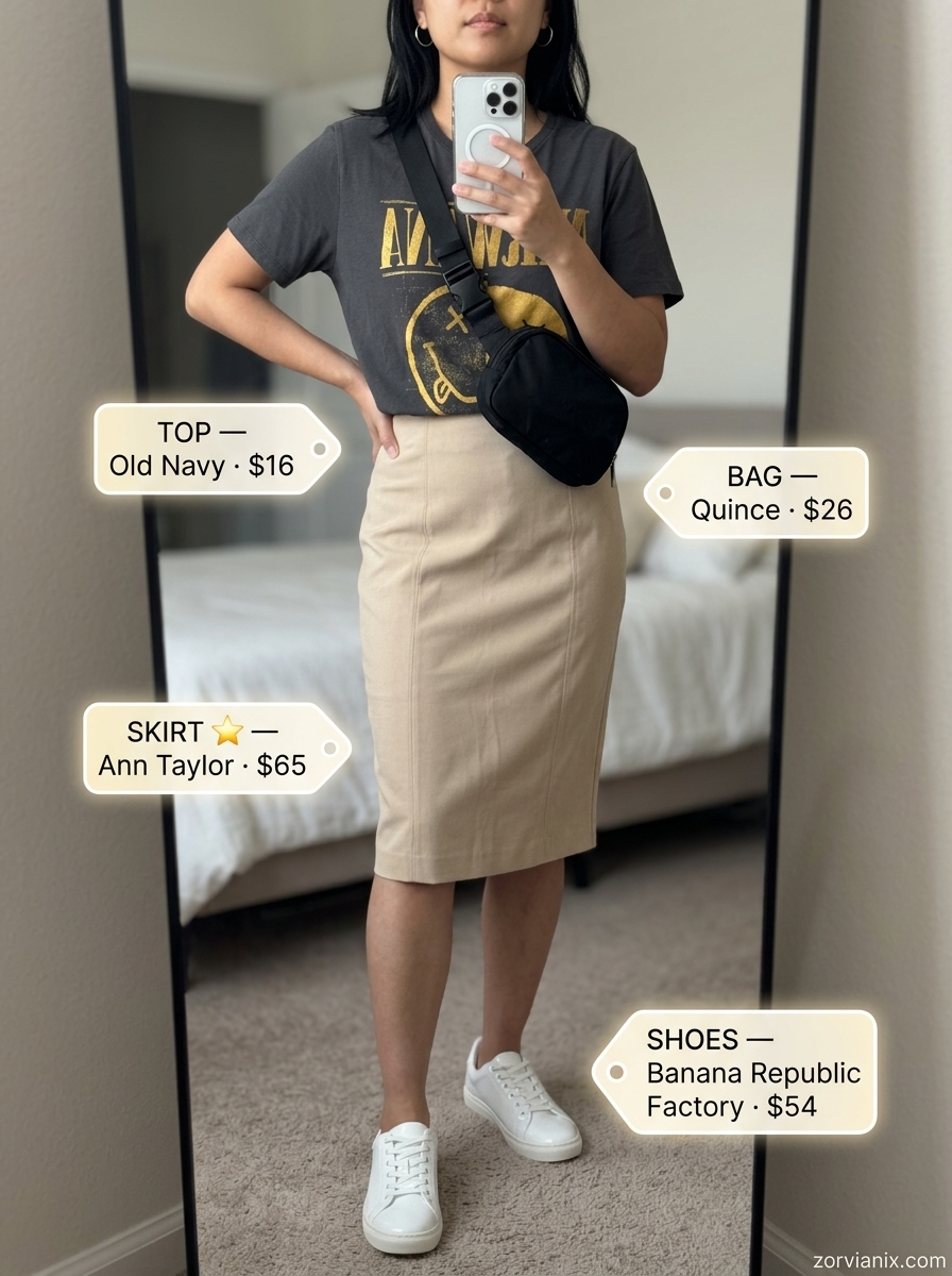 Weekend Casual Summer Pencil Skirt Outfit for Women 2026: Beige skirt, graphic tee, sneakers.