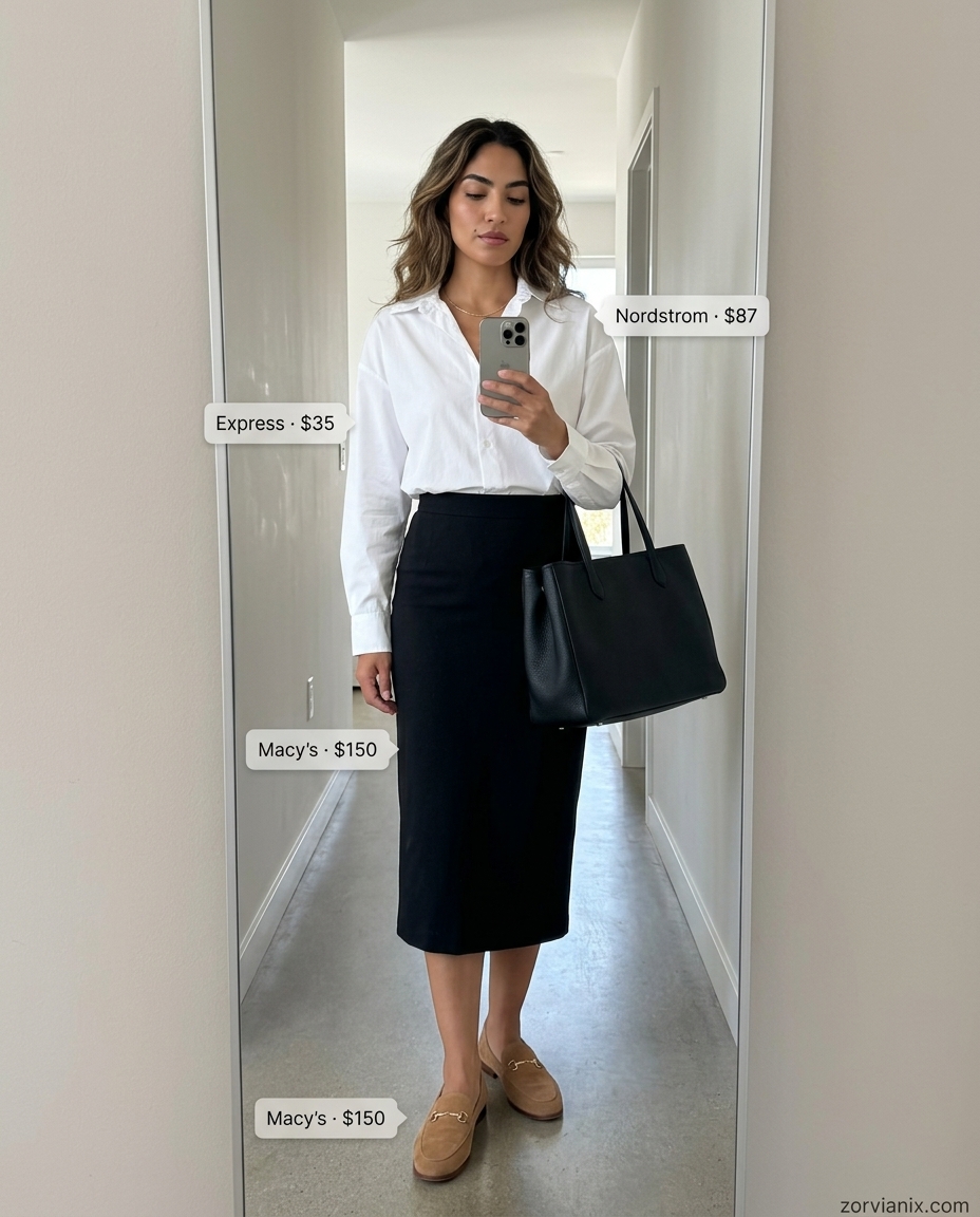 Chic city commute summer pencil skirt outfits for women 2026: Black skirt, white shirt, tan loafers, gold details for office.