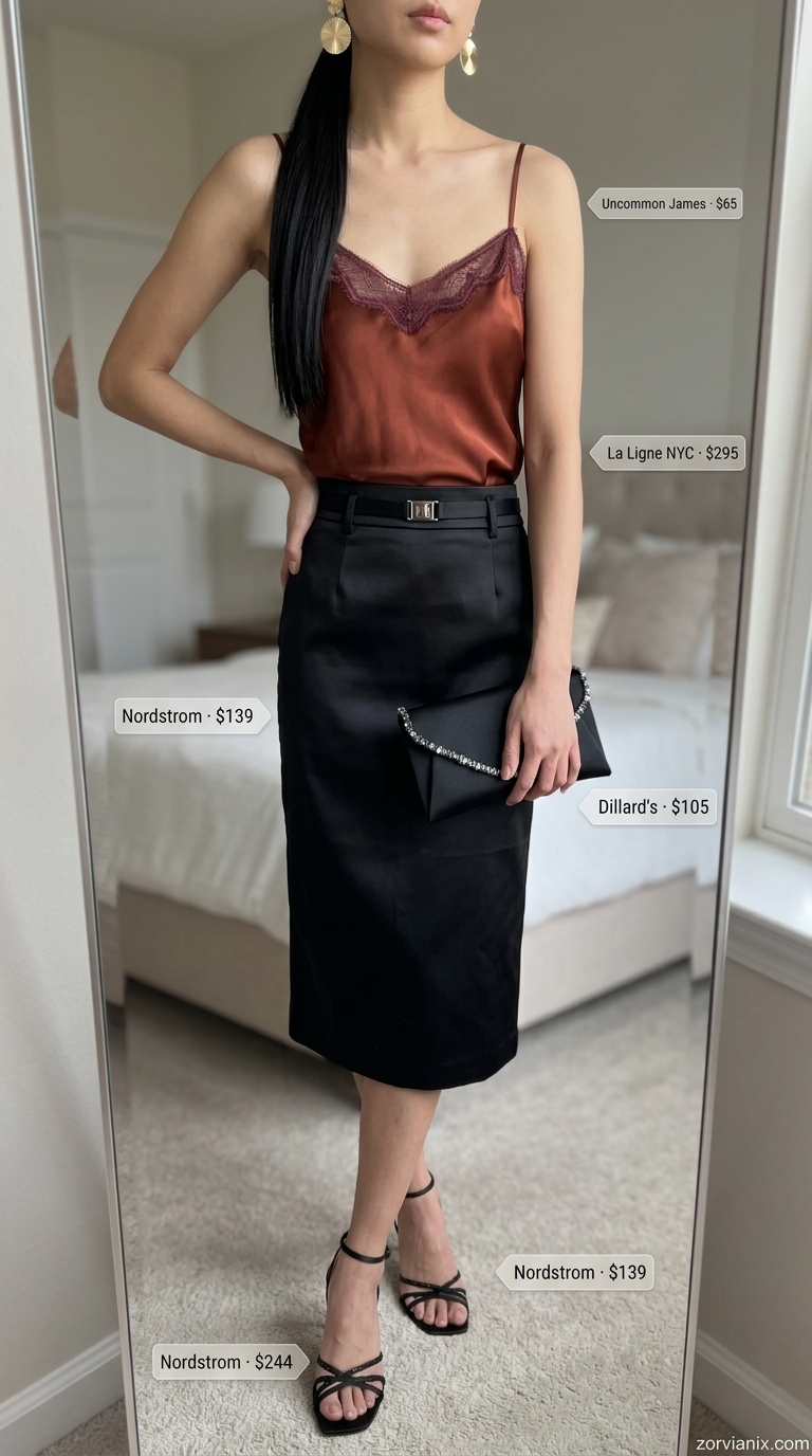Evening elegance summer pencil skirt outfits for women 2026: Black skirt, burgundy camisole, gold sandals for cocktail parties.