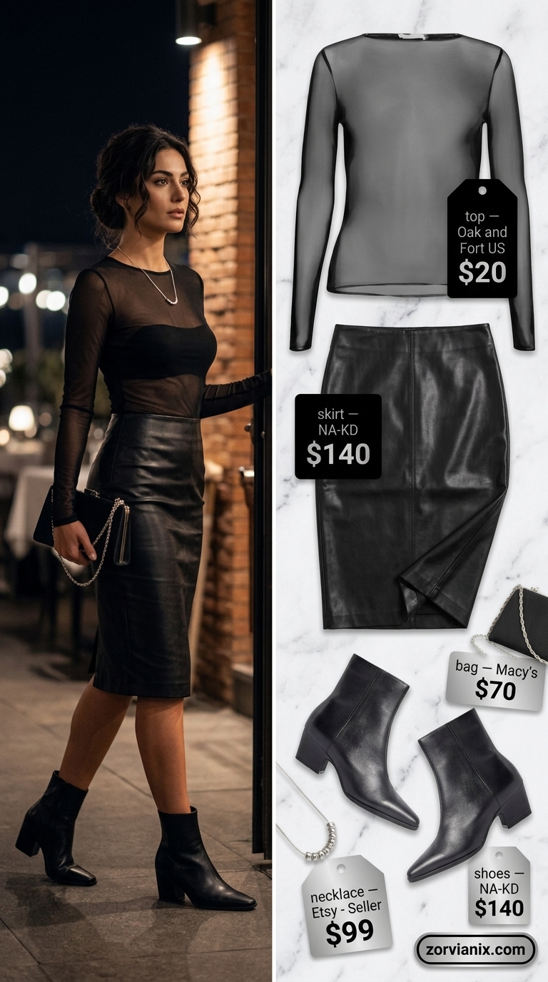 Summer pencil skirt outfits for women 2026: Black faux leather skirt with sheer mesh top and ankle boots.