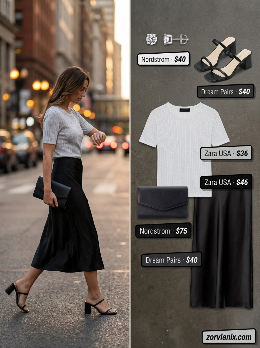 Summer pencil skirt outfits for women 2026: Black satin skirt with silver metallic top for evening.