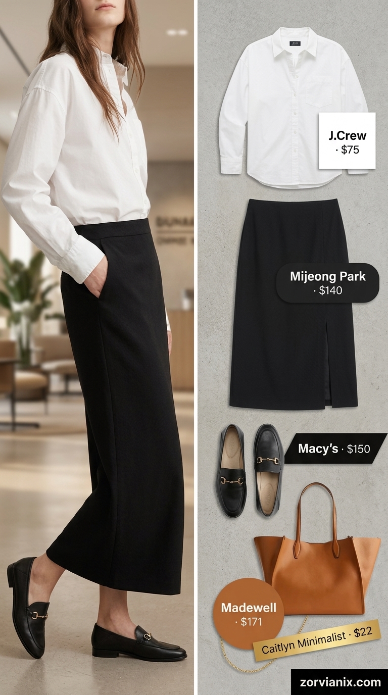 Summer pencil skirt outfits for women 2026: Black wool pencil skirt with white shirt, tan tote, and black loafers for office.