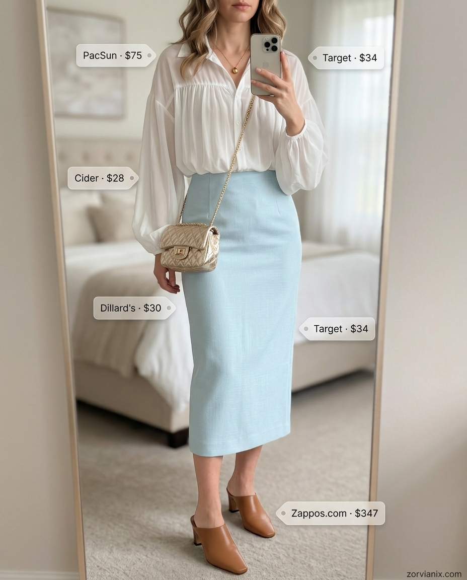 Elegant Summer Pencil Skirt Outfit for Women 2026: Blue skirt, white chiffon blouse, mules.