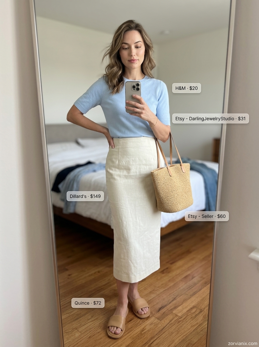 Coastal Summer Pencil Skirt Outfit for Women 2026: Cream skirt, blue knit top, straw tote.
