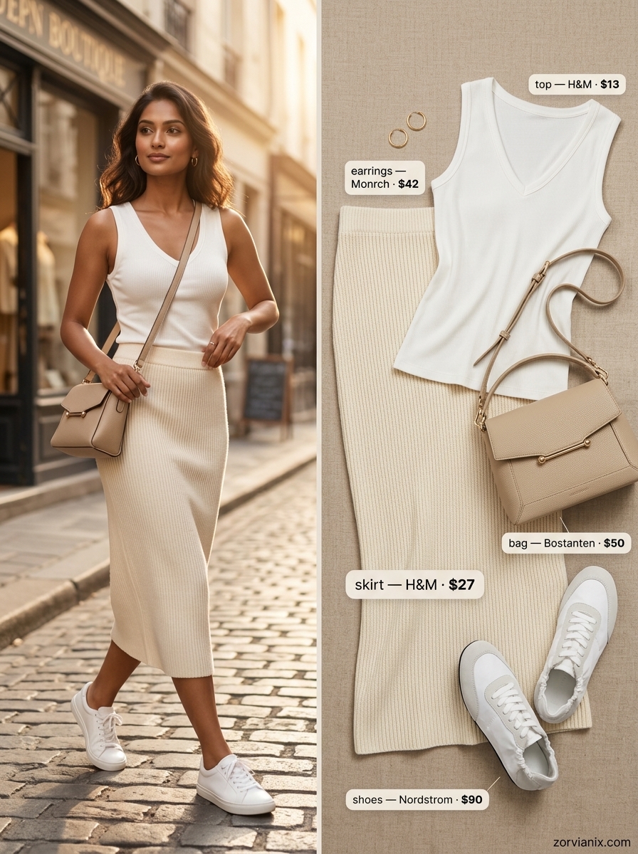 Summer pencil skirt outfits for women 2026: Cream knit skirt with cream top and white sneakers for casual day.