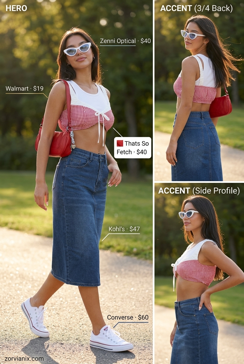 Retro Summer Pencil Skirt Outfit for Women 2026: Denim skirt, gingham top, sneakers.