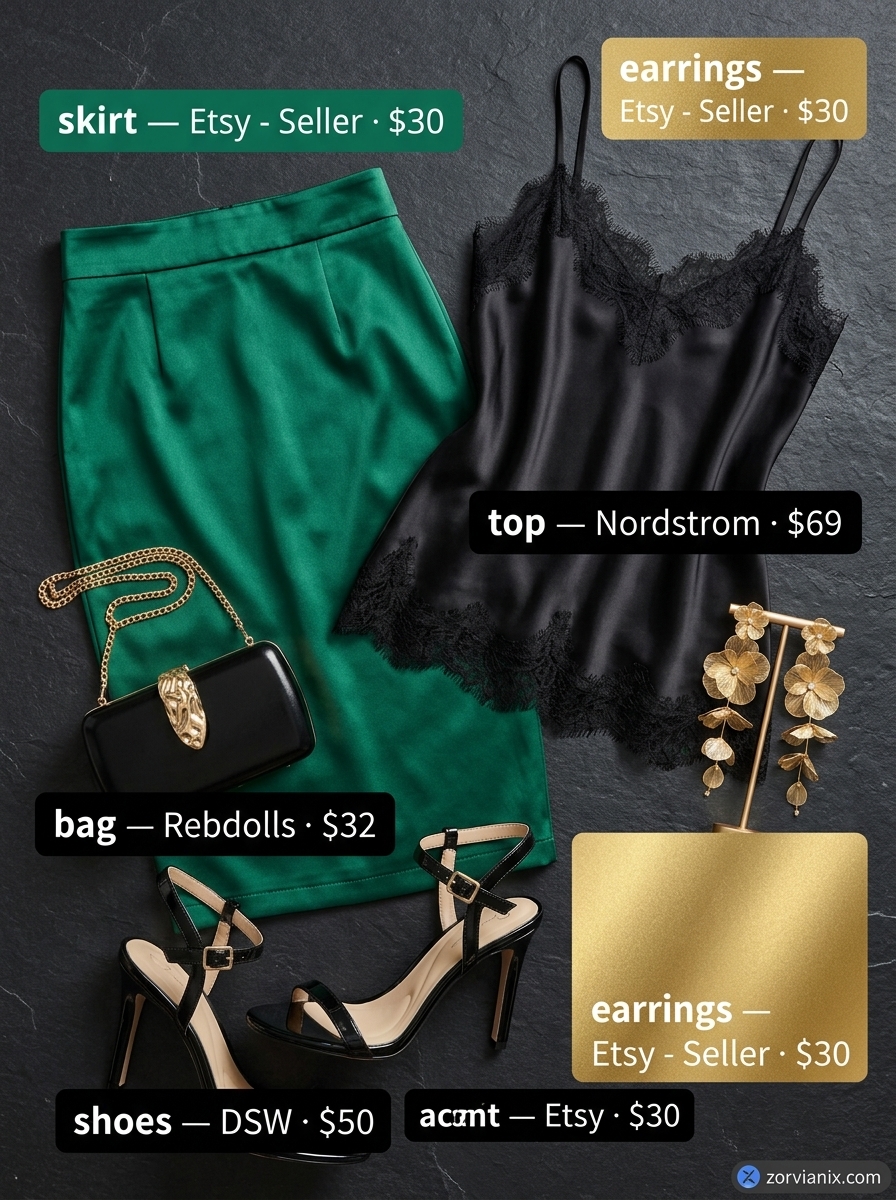 Evening Elegance Summer Pencil Skirt Outfit for Women 2026: Emerald skirt, black cami, heels.