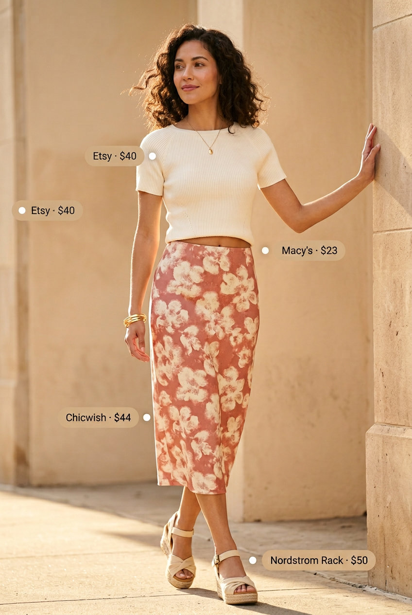 Summer pencil skirt outfits for women 2026: Coral floral skirt with cream top and espadrilles for brunch.