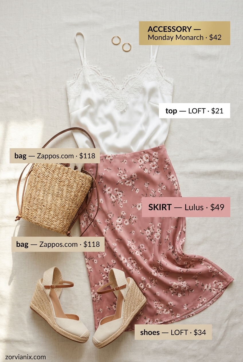 Garden Party Summer Pencil Skirt Outfit for Women 2026: Floral skirt, cream cami, espadrilles.