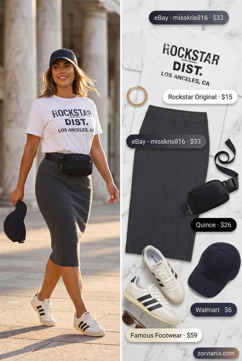Summer pencil skirt outfits for women 2026: Grey knit skirt with graphic tee and sneakers for sporty casual.