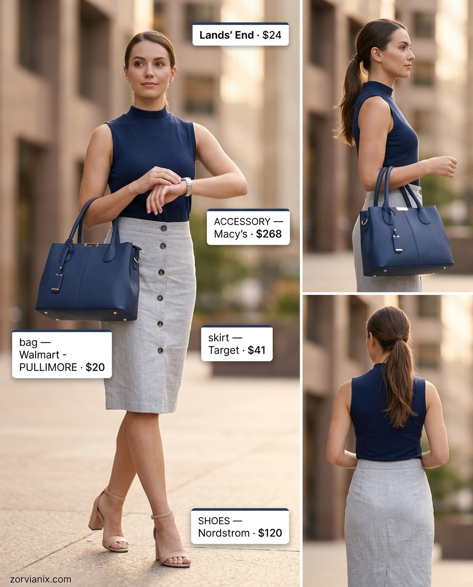 Summer pencil skirt outfits for women 2026: Light grey linen skirt with navy blouse and nude heels.