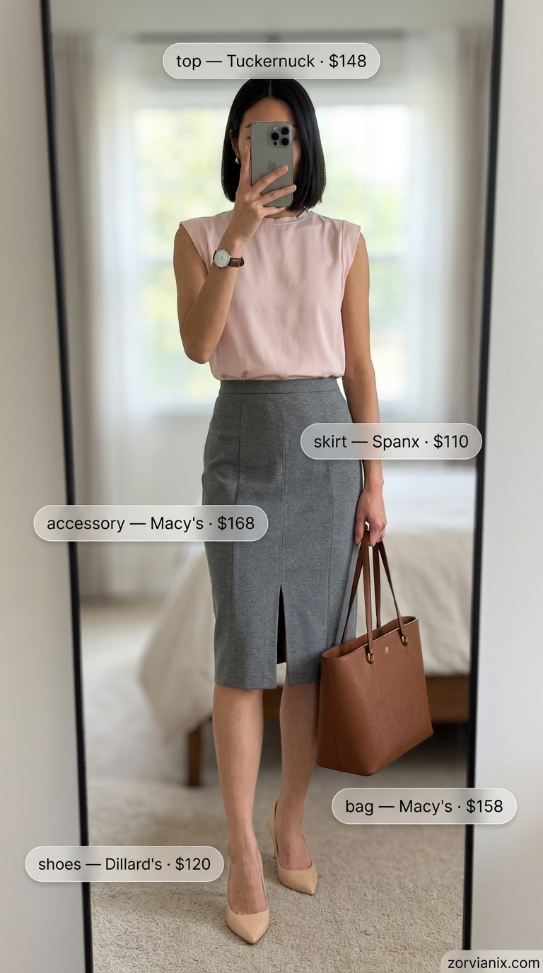 Professional Summer Pencil Skirt Outfit for Women 2026: Grey skirt, blush blouse, pumps.