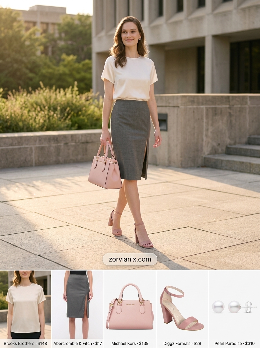 Sophisticated summer pencil skirt outfits for women 2026: Light grey skirt, ivory blouse, blush sandals for graduation.