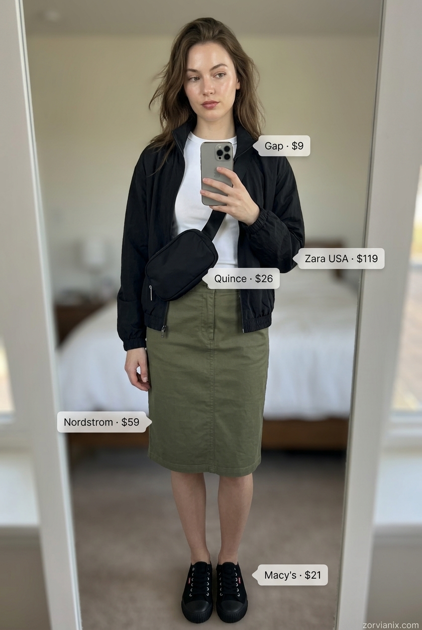 Casual comfort summer pencil skirt outfits for women 2026: Khaki skirt, white tee, bomber jacket, sneakers for relaxed weekends.