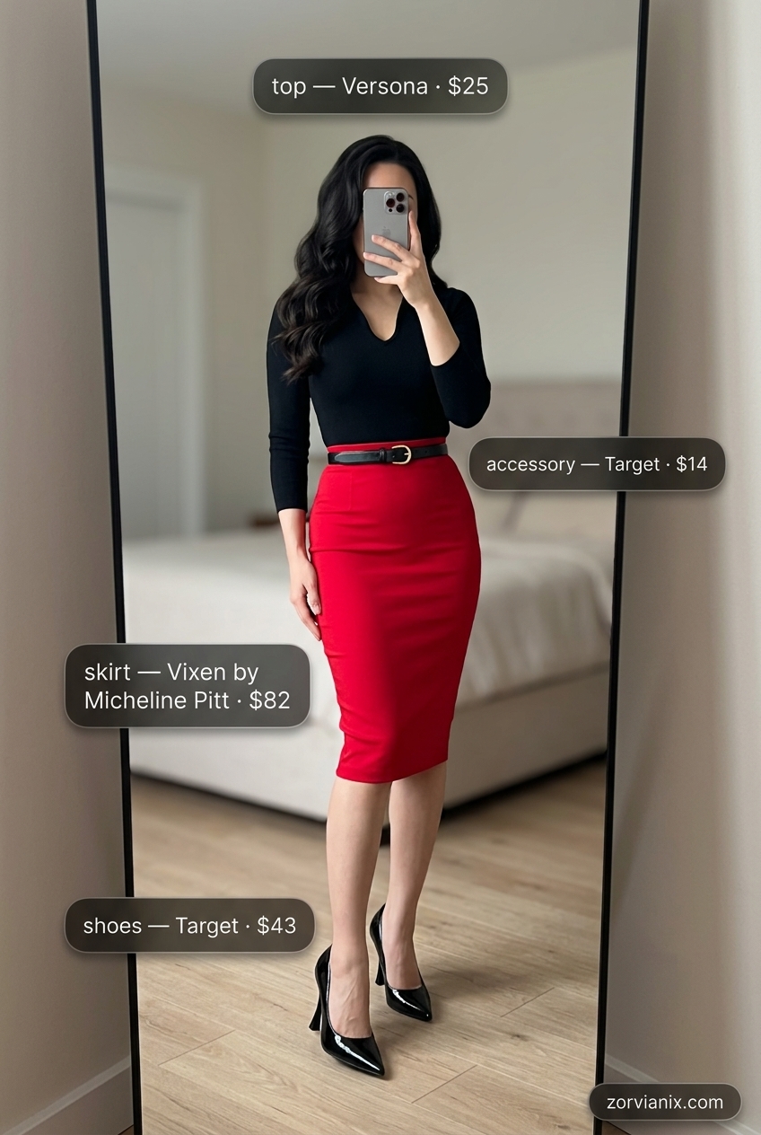 Red pencil skirt outfit for women 2026: Bold contrast with striped tee, black belt, and crossbody bag for a chic look.