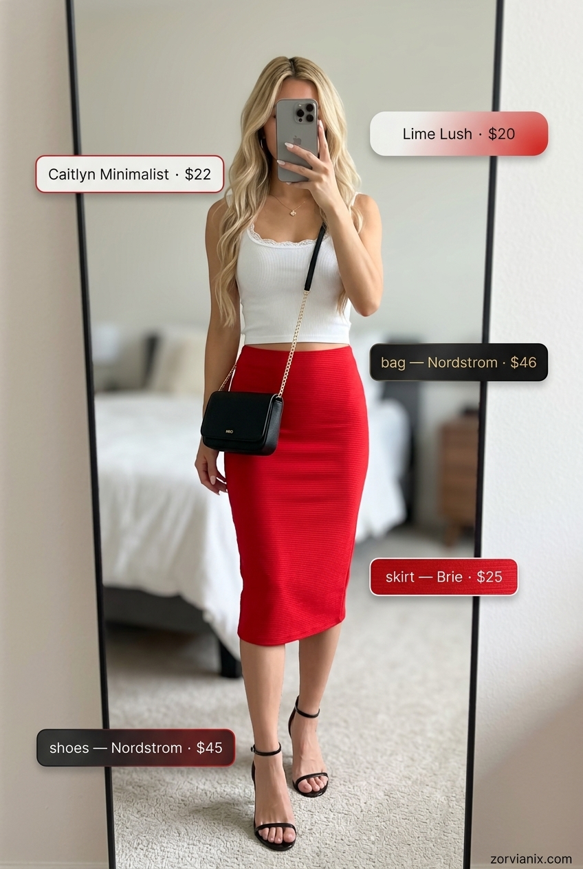 Playful Summer Pencil Skirt Outfit for Women 2026: Red skirt, white crop top, black heels.