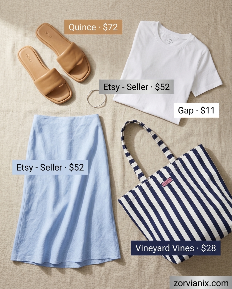 Summer pencil skirt outfits for women 2026: Sky blue linen skirt with white t-shirt and slides for coastal style.