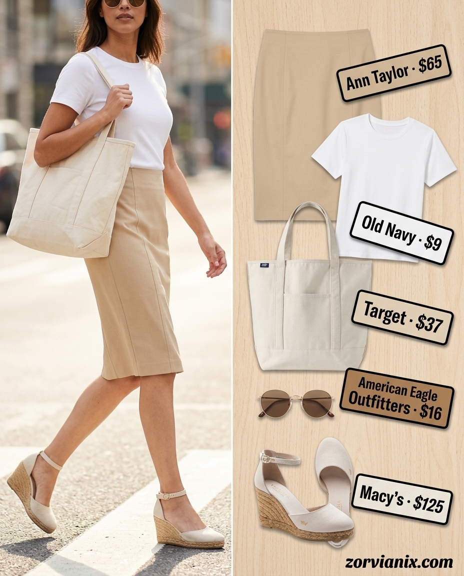 Casual Summer Pencil Skirt Outfit for Women 2026: Tan skirt, white tee, espadrilles, tote bag.