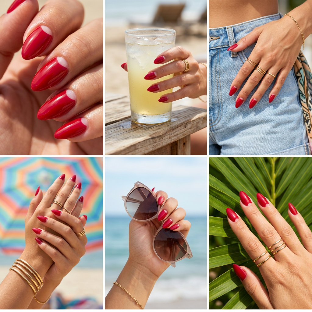 Edgy summer red nails 2026 with abstract cherry negative space for festivals and art galleries.